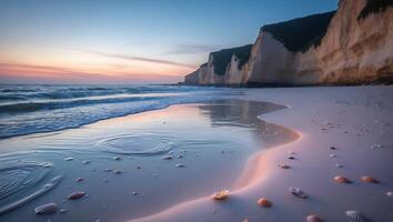 Coastal Scene at Sunset with Cliffs, Beach and Water Reflection photo
