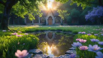 House Reflecting in Pond with Flowers and Trees in Lush Garden photo