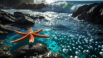Starfish on Ocean Rocks with Sparkling Water and Breaking Waves photo