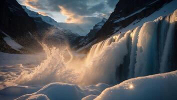 Dramatic Waterfall Cascading Down Snowy Mountain at Golden Hour photo