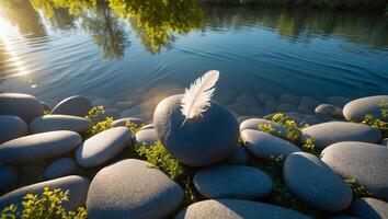 Feather Resting on Stones Near Calm Water with Sunlight Glimmering photo