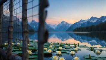 Water Lilies Floating on Lake Reflecting Mountains and Sky at Dusk photo