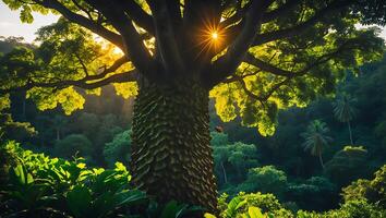 Sunlight Through Giant Tree in Lush Green Forest Landscape photo