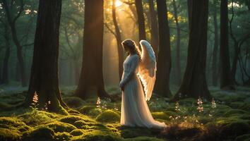 Angel Standing in Forest with Sun Rays and Mossy Ground photo