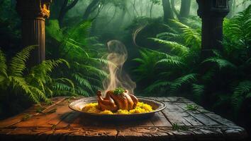 Roasted Chicken on Rice with Fern Forest Background and Steam photo