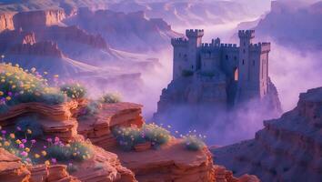 Scenic Castle on Cliffside Surrounded by Canyon and Desert Flowers photo