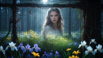 Woman Standing in Flower Meadow with Soft Light Through the Fence photo