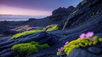 Coastal Lava Rock Landscape with Moss and Flowers at Twilight photo