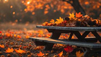 Autumn Leaves on Picnic Table with Warm Sunlight and Nature Setting photo