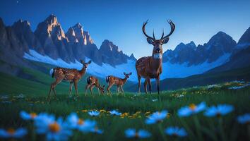 Deer Family Grazing in Mountain Meadow at Dusk with Floral Foreground photo