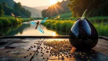 Eggplant and Dragonfly Scene Reflecting Sunset Over River Background photo