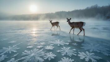 Deer Walking on Frozen Lake with Intricate Ice Patterns at Dawn photo