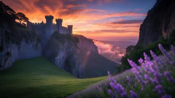 Castle on Cliff with Lavender Field and Dramatic Sunset Sky photo