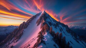 Snowy Mountain Peak at Sunset with Fiery Sky and Trees photo