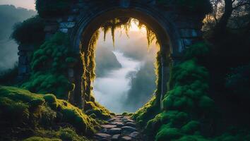 Stone Archway Covered in Moss Overlooks Valley with Fog and Sunlight photo