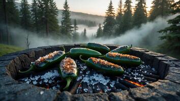 Grilling Jalapeno Peppers Outdoors on Charcoal Grill with Mountain View photo