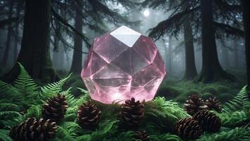 Glowing Crystal Sphere in Forest with Ferns and Pinecones photo