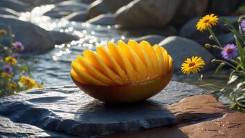 Sliced Mango Displayed Near Flowing Stream and Wildflowers Outdoors photo