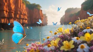 Blue Butterflies Flying Over Flowers Near Water and Cliffs photo