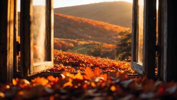 Open Window View of Autumn Leaves and Forest Landscape photo