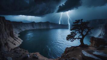 Dramatic Landscape of Lake with Lightning Storm and Solitary Tree photo
