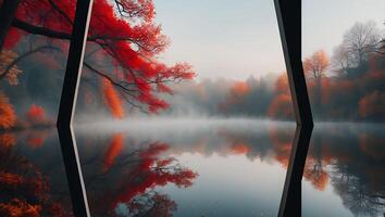 Autumn Reflections Serene Lake Landscape with Fog and Colorful Trees photo