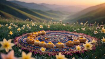 Arrangement of Cookies on Rug with Mountain Scenery and Wildflowers photo