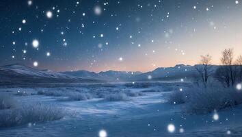Snow Falling Over Frozen Field with Mountains at Dusk Landscape photo