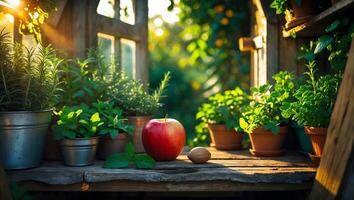 Apple and Walnut Still Life with Potted Herbs in Garden Setting photo