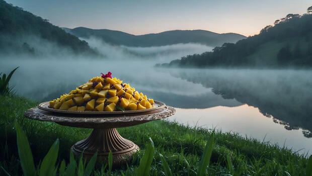 Serving of Diced Yellow Fruit on Table by Foggy Lake photo