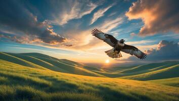 Hawk Flying Over Green Hills at Sunset with Dramatic Sky photo