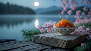 Bowl of Orange Food Displayed Near the Calm Lake and Cherry Blossoms photo
