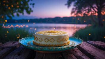 Decorated Cake on Plate by Lake at Dusk Celebrating Outdoors photo