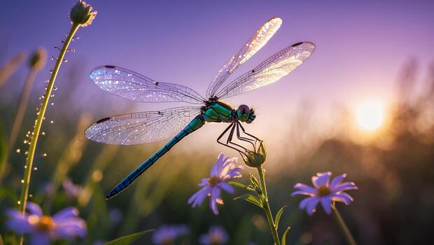 Dragonfly Resting on a Flower Bud at Sunset with Dew photo