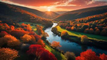 River Flowing Through Autumnal Forest at Sunset with Golden Sunlight photo