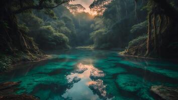 Tranquil Forest River with Clear Water Reflecting Sky at Sunset photo