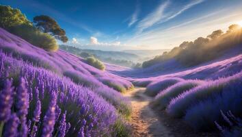Walking Through Lavender Field at Sunrise with Clear Blue Sky photo