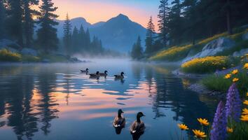 Ducks Swimming on a Calm Lake with Mountain and Forest View photo