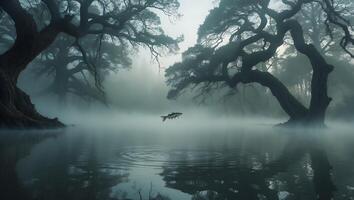 Fish Jumping in a Misty Lake Surrounded by Old Growth Trees photo