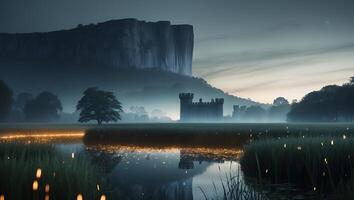 Castle in Foggy Field Reflected in Water at Dusk with Fireflies photo