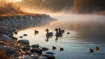 Ducks Swim Calmly in Lake at Sunrise with Foggy Mist photo