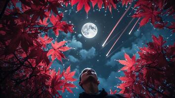 Man Looking Up at Full Moon with Shooting Stars and Red Leaves photo