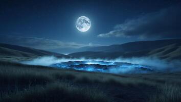 Full Moon Shining Over Grassy Hills with Blue Light Stream photo