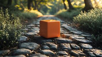 Orange Cube on Cobblestone Path in Forest During Golden Hour photo