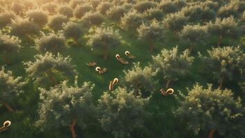 Squirrels Running in Orchard at Golden Hour Light Through the Trees photo