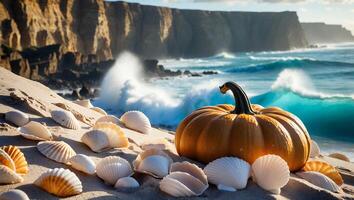 Pumpkin on Sand with Seashells Near Ocean Cliffs and Breaking Waves photo
