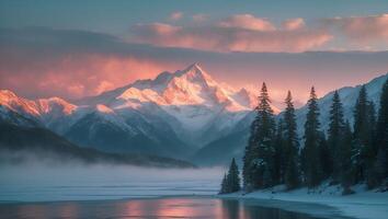 Snowy Mountain Peak Reflecting Sunrise Over Calm Lake with Misty Atmosphere photo