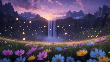 Waterfall in Meadow with Flowers at Dusk with Glowing Lights photo