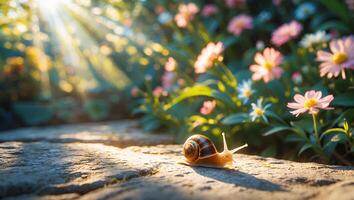 Snail Crawling on Stone Path Through Garden Flowers in Sunlight photo