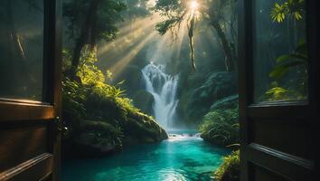 Waterfall View Through Open Door with Turquoise Water and Sunbeams photo
